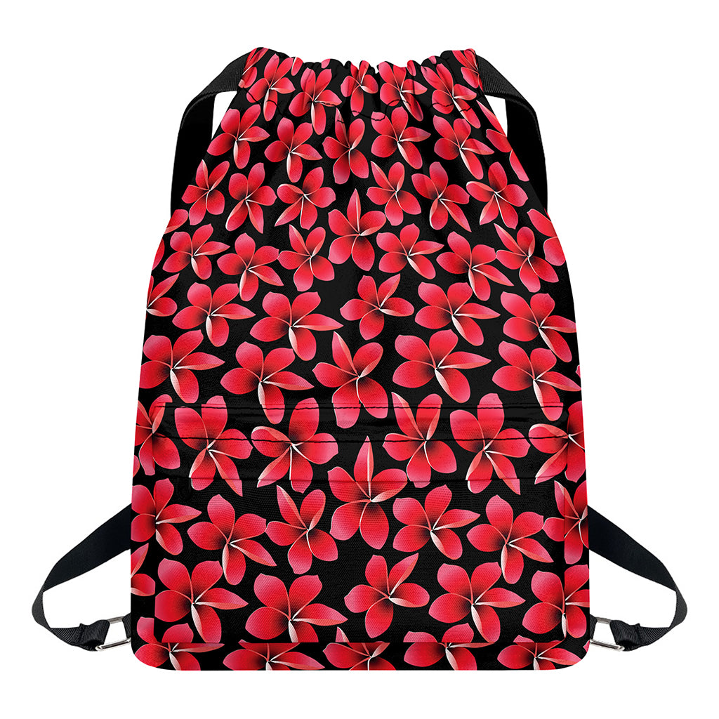 Red And Black Frangipani Pattern Print Drawstring Backpack