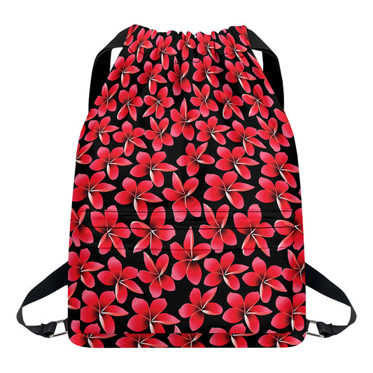 Red And Black Frangipani Pattern Print Drawstring Backpack
