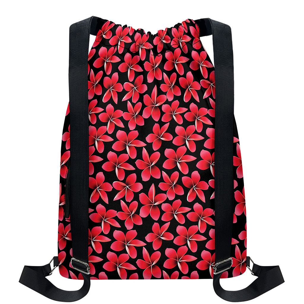 Red And Black Frangipani Pattern Print Drawstring Backpack