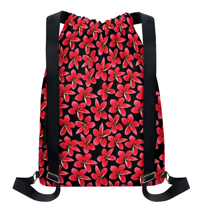 Red And Black Frangipani Pattern Print Drawstring Backpack