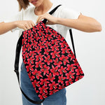 Red And Black Frangipani Pattern Print Drawstring Backpack