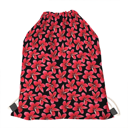 Red And Black Frangipani Pattern Print Drawstring Bag