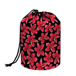 Red And Black Frangipani Pattern Print Drawstring Makeup Bag