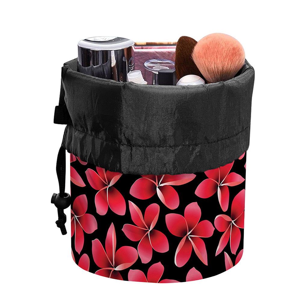 Red And Black Frangipani Pattern Print Drawstring Makeup Bag