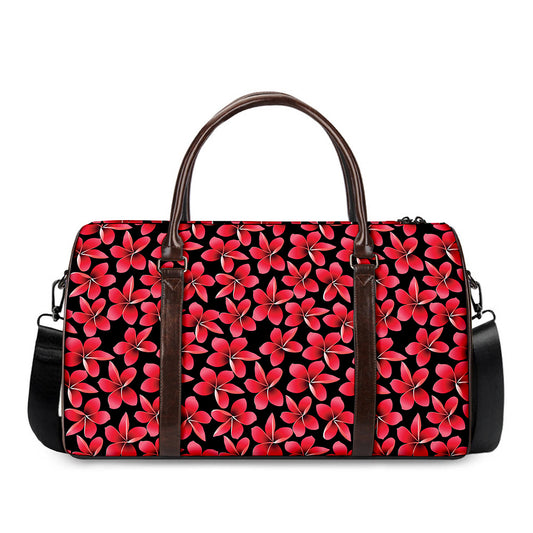 Red And Black Frangipani Pattern Print Duffle Bag