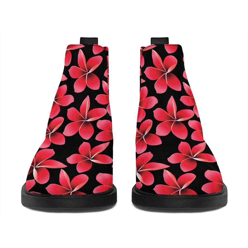 Red And Black Frangipani Pattern Print Flat Ankle Boots