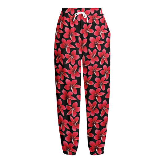 Red And Black Frangipani Pattern Print Fleece Lined Knit Pants