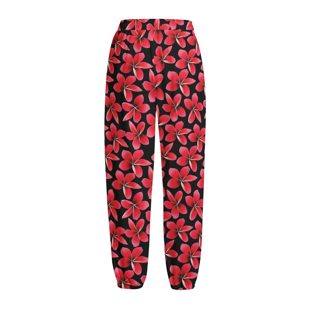 Red And Black Frangipani Pattern Print Fleece Lined Knit Pants