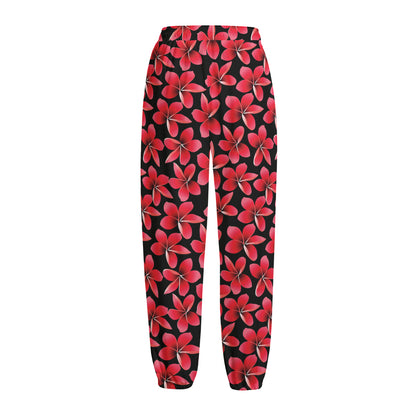 Red And Black Frangipani Pattern Print Fleece Lined Knit Pants