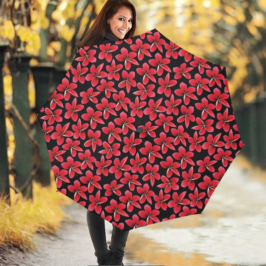 Red And Black Frangipani Pattern Print Foldable Umbrella
