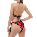 Red And Black Frangipani Pattern Print Halter Scoop Tie Side Bikini