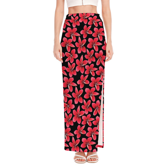 Red And Black Frangipani Pattern Print High Slit Maxi Skirt