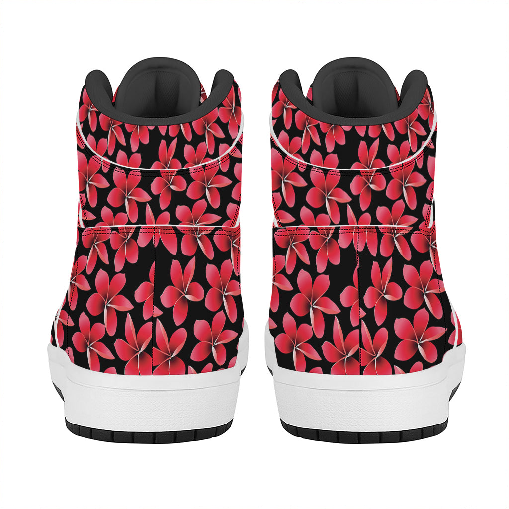 Red And Black Frangipani Pattern Print High Top Leather Sneakers