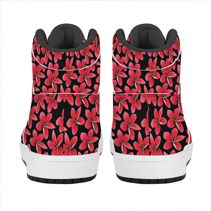 Red And Black Frangipani Pattern Print High Top Leather Sneakers