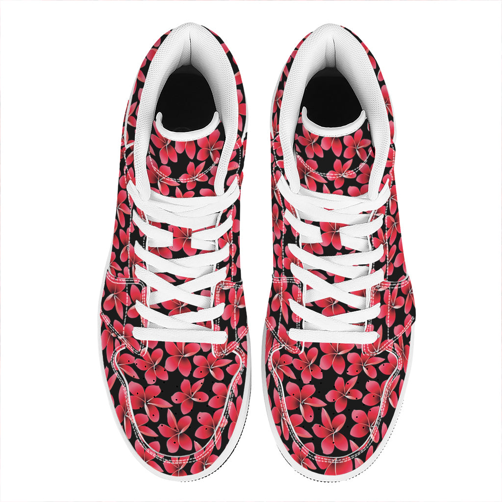 Red And Black Frangipani Pattern Print High Top Leather Sneakers
