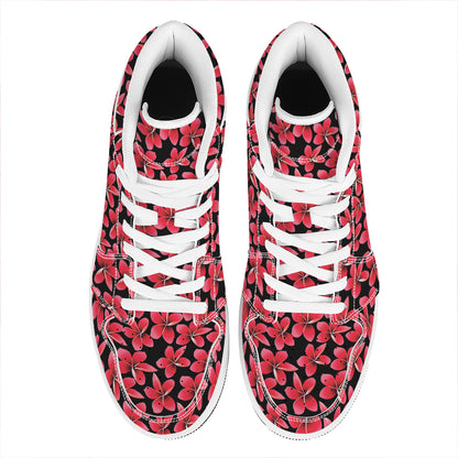 Red And Black Frangipani Pattern Print High Top Leather Sneakers
