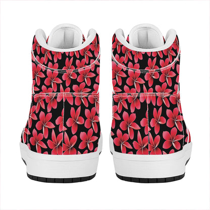 Red And Black Frangipani Pattern Print High Top Leather Sneakers