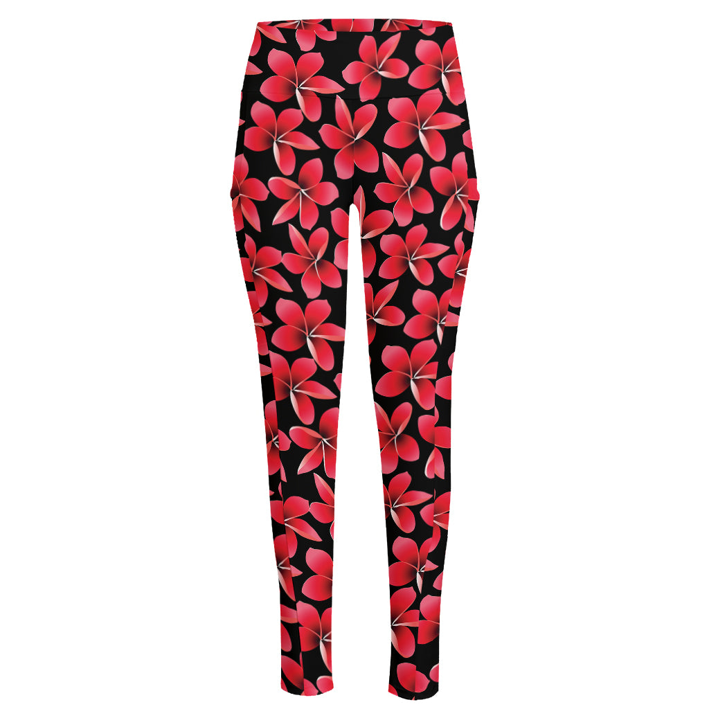 Red And Black Frangipani Pattern Print High-Waisted Pocket Leggings