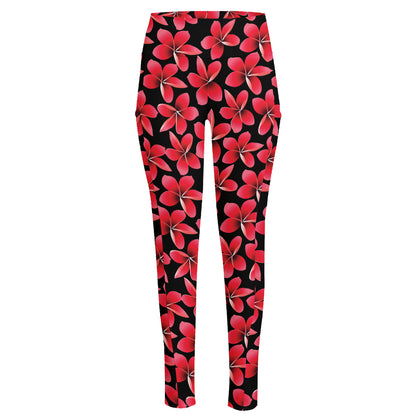 Red And Black Frangipani Pattern Print High-Waisted Pocket Leggings