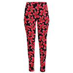 Red And Black Frangipani Pattern Print High-Waisted Pocket Leggings