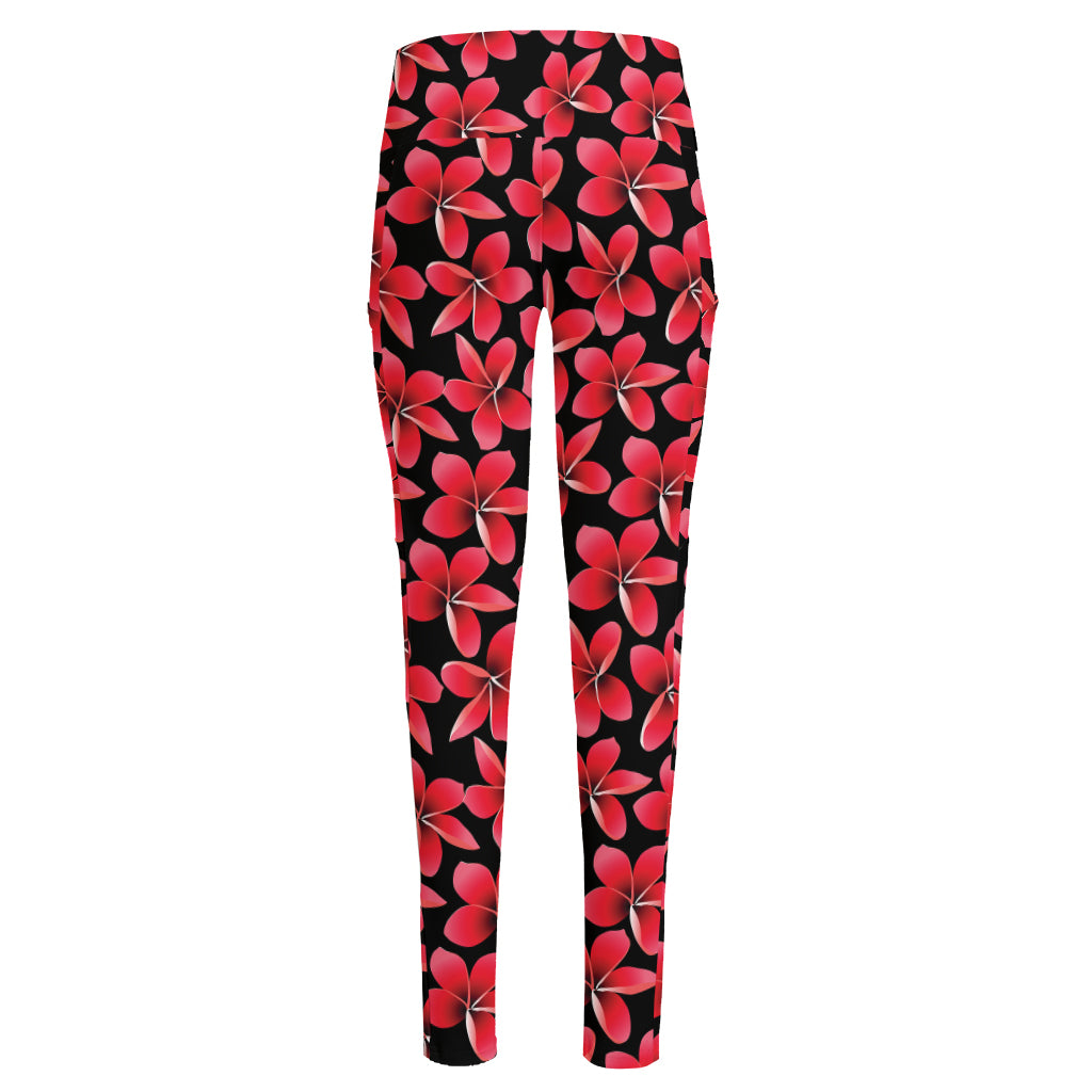 Red And Black Frangipani Pattern Print High-Waisted Pocket Leggings