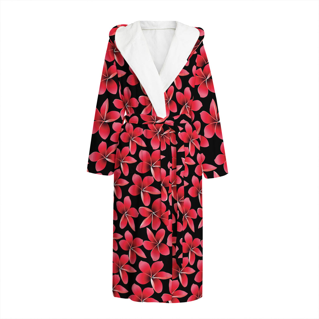 Red And Black Frangipani Pattern Print Hooded Bathrobe