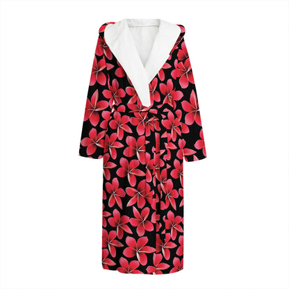 Red And Black Frangipani Pattern Print Hooded Bathrobe