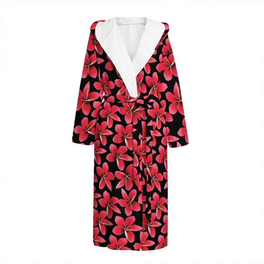Red And Black Frangipani Pattern Print Hooded Bathrobe