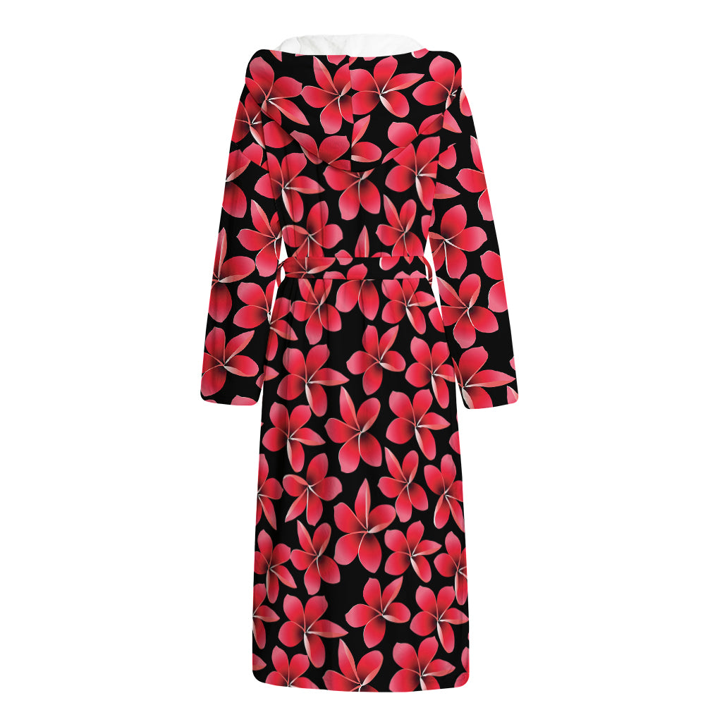 Red And Black Frangipani Pattern Print Hooded Bathrobe