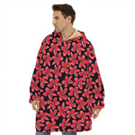 Red And Black Frangipani Pattern Print Hoodie Blanket