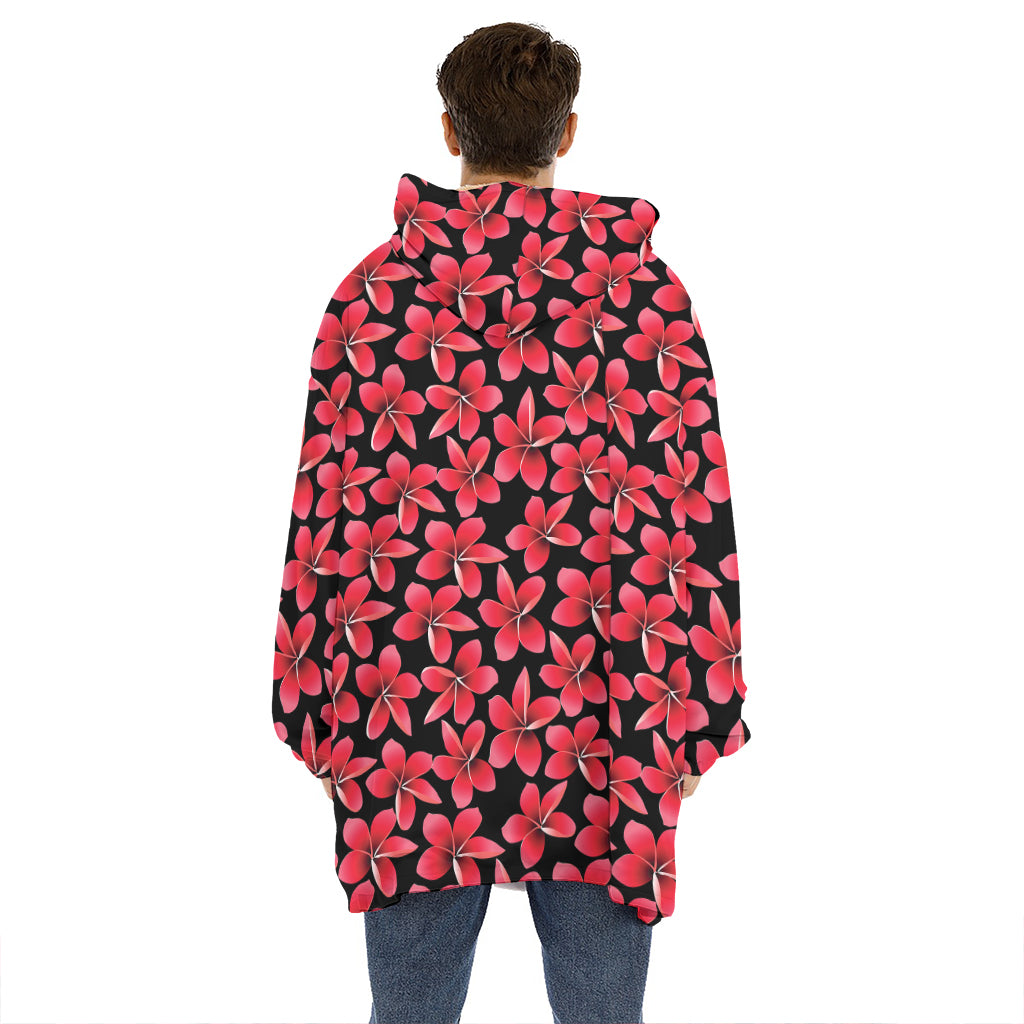 Red And Black Frangipani Pattern Print Hoodie Blanket