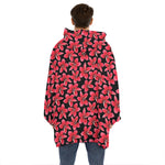 Red And Black Frangipani Pattern Print Hoodie Blanket