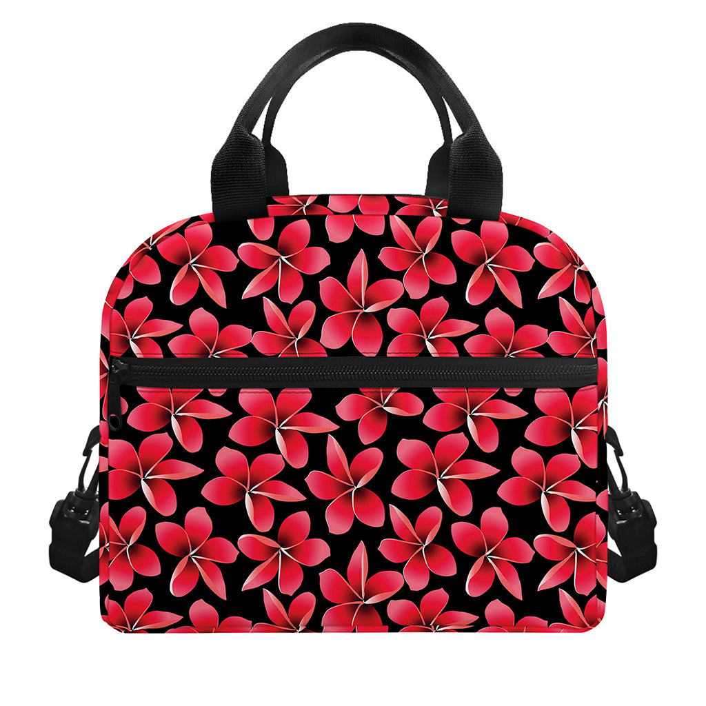 Red And Black Frangipani Pattern Print Insulated Lunch Bag