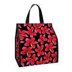 Red And Black Frangipani Pattern Print Insulated Lunch Tote