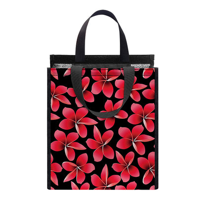 Red And Black Frangipani Pattern Print Insulated Lunch Tote
