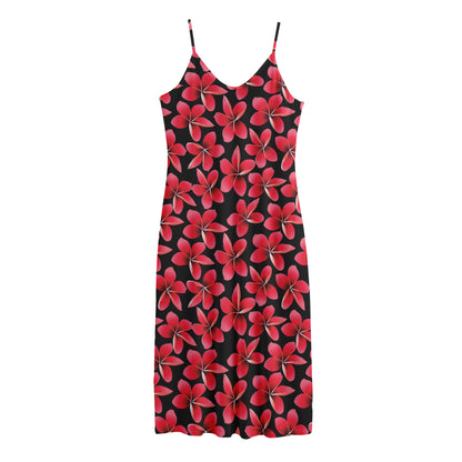 Red And Black Frangipani Pattern Print Jersey Midi Cami Dress
