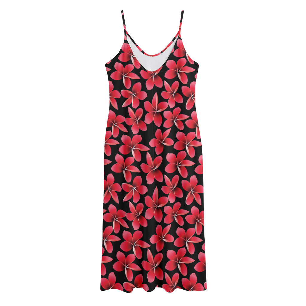 Red And Black Frangipani Pattern Print Jersey Midi Cami Dress