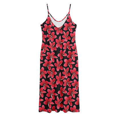 Red And Black Frangipani Pattern Print Jersey Midi Cami Dress
