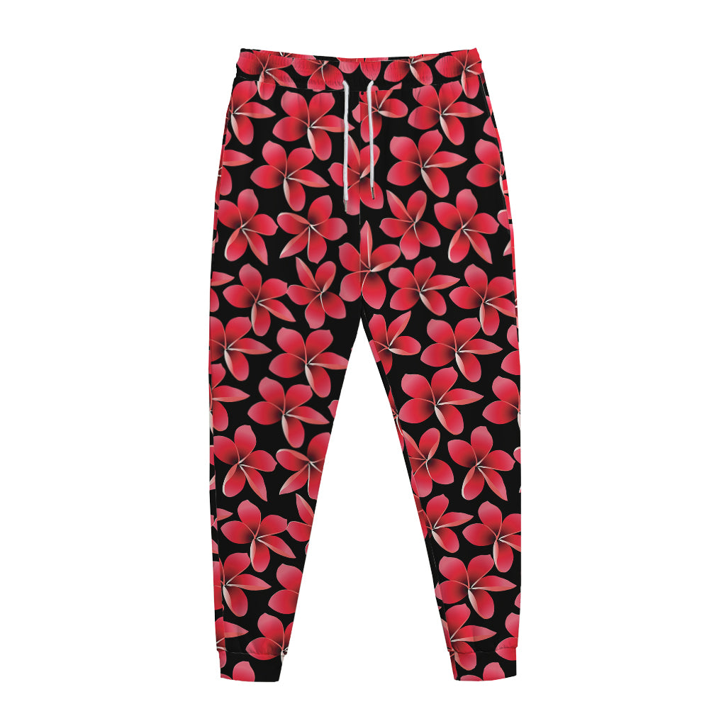 Red And Black Frangipani Pattern Print Jogger Pants