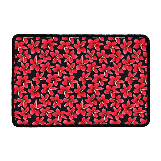 Red And Black Frangipani Pattern Print Kitchen Mat