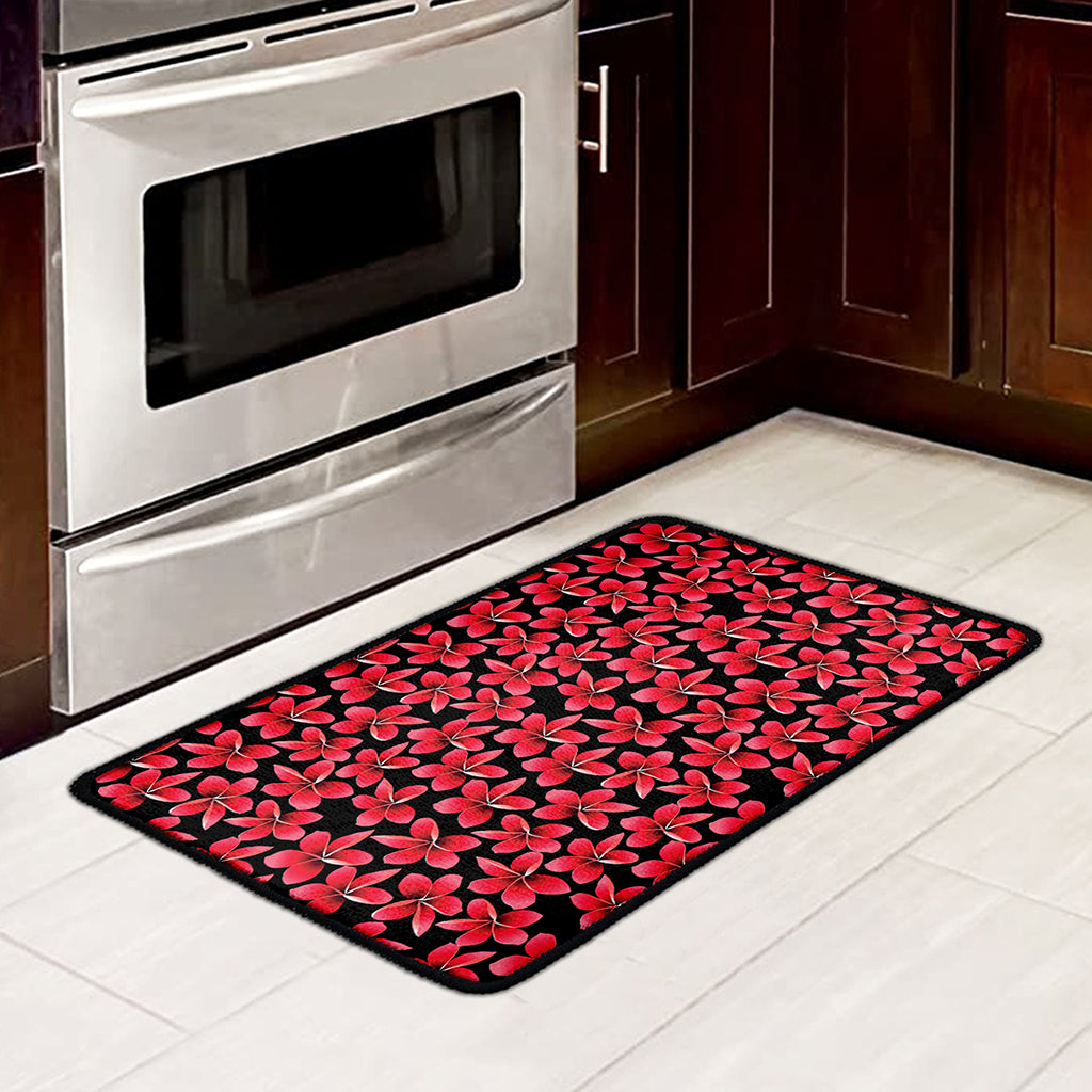 Red And Black Frangipani Pattern Print Kitchen Mat