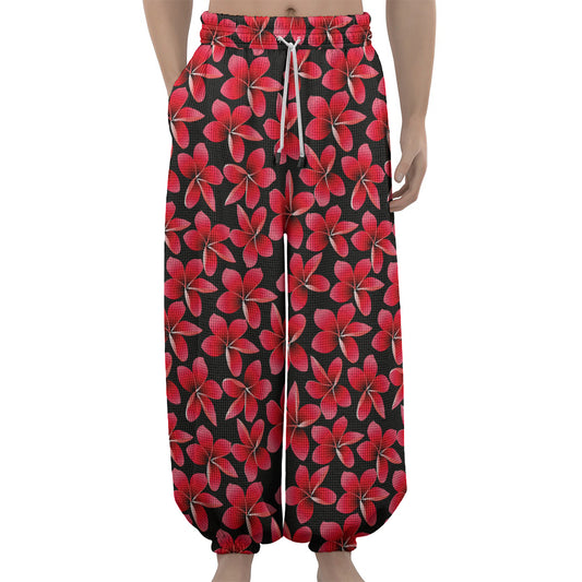 Red And Black Frangipani Pattern Print Lantern Pants