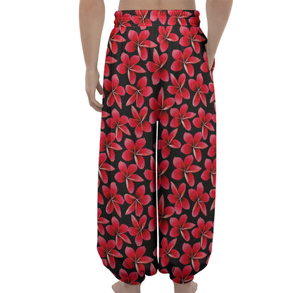 Red And Black Frangipani Pattern Print Lantern Pants