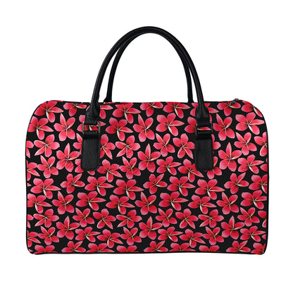 Red And Black Frangipani Pattern Print Leather Duffle Bag