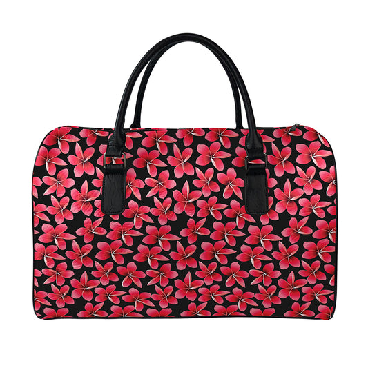 Red And Black Frangipani Pattern Print Leather Duffle Bag