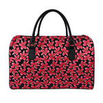 Red And Black Frangipani Pattern Print Leather Duffle Bag