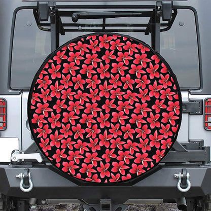 Red And Black Frangipani Pattern Print Leather Spare Tire Cover