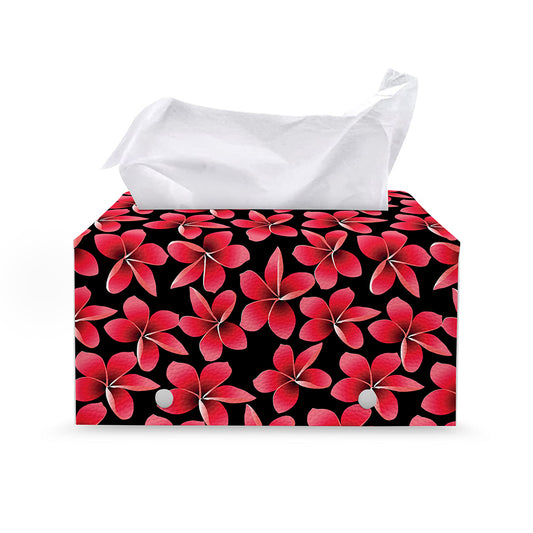 Red And Black Frangipani Pattern Print Leather Tissue Box Cover