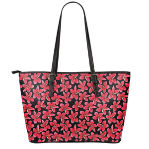 Red And Black Frangipani Pattern Print Leather Tote Bag