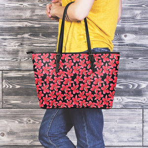 Red And Black Frangipani Pattern Print Leather Tote Bag